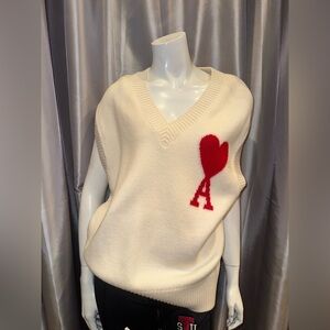 Never Worn! Ami Paris Women's Cream Sweater with Red Heart Detail